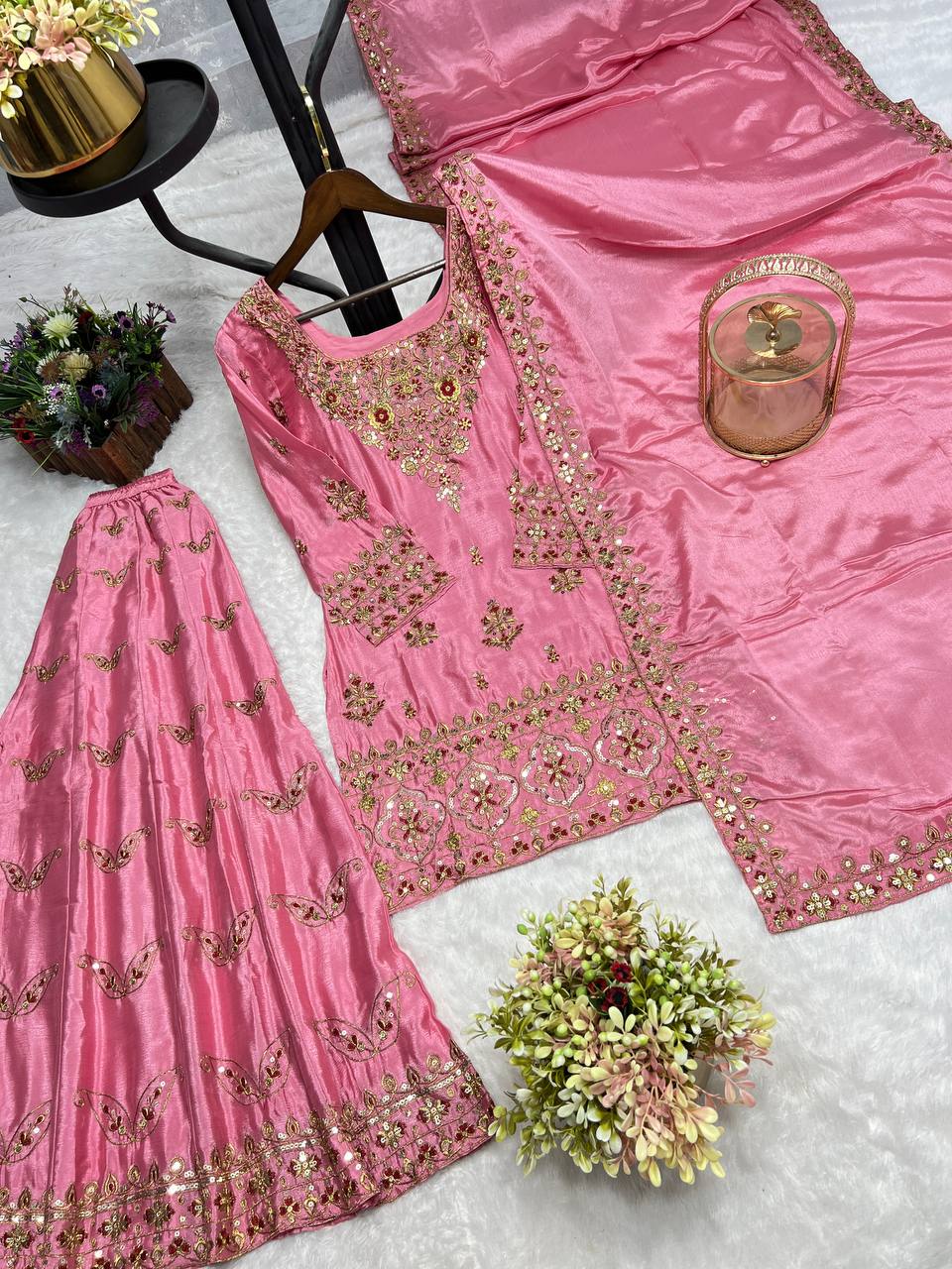 Heavy work silk kurta sharara with dupatta sets