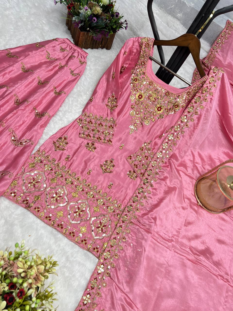 Heavy work silk kurta sharara with dupatta sets