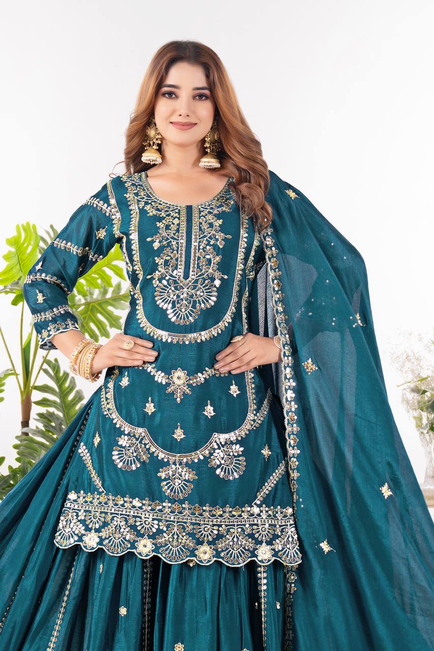 Wedding wear chinnon silk kurta and flared palazzo with dupatta sets