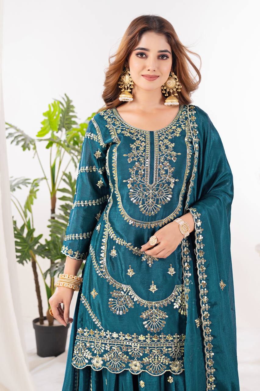 Wedding wear chinnon silk kurta and flared palazzo with dupatta sets