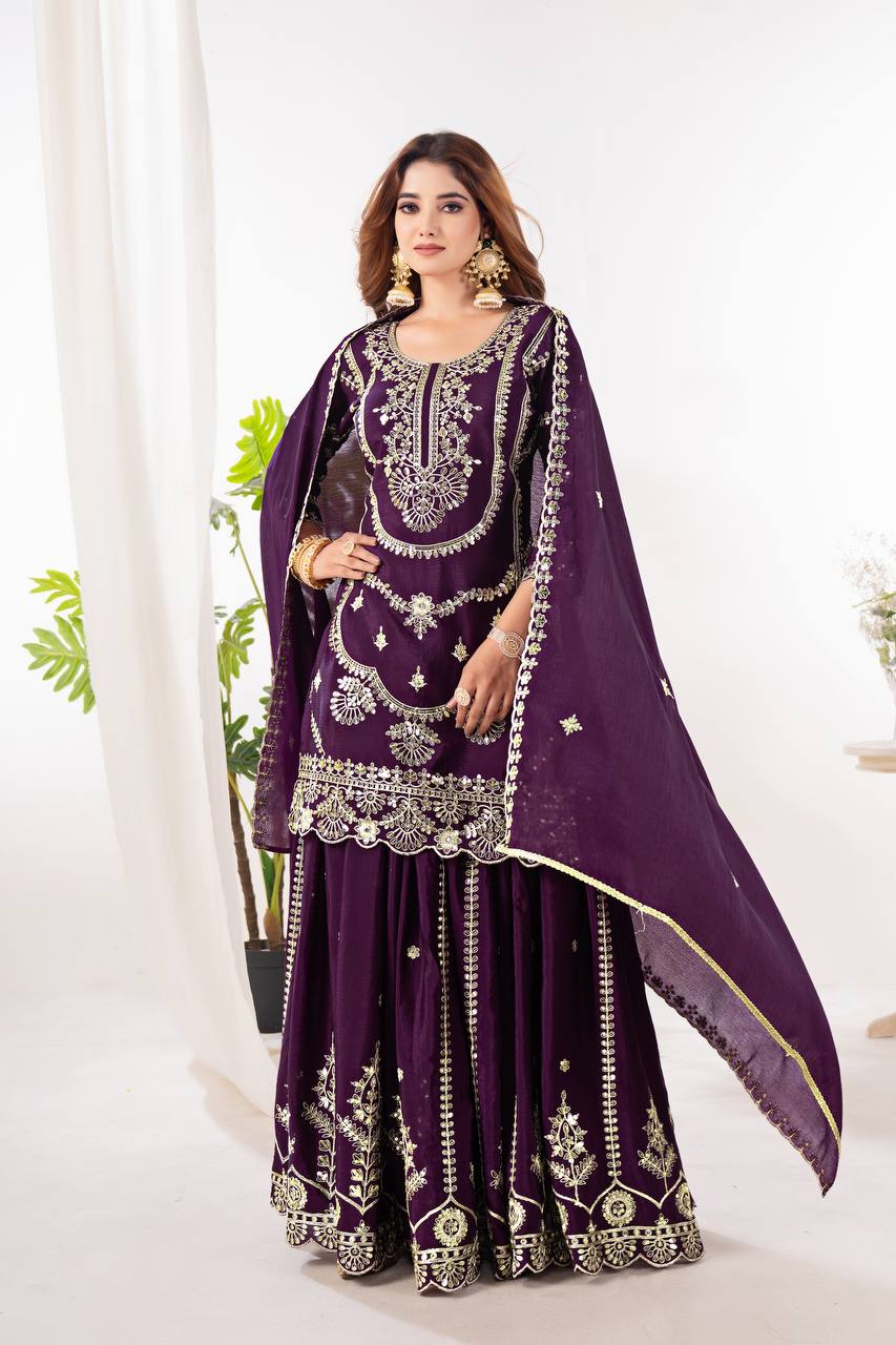 Wedding wear chinnon silk kurta and flared palazzo with dupatta sets