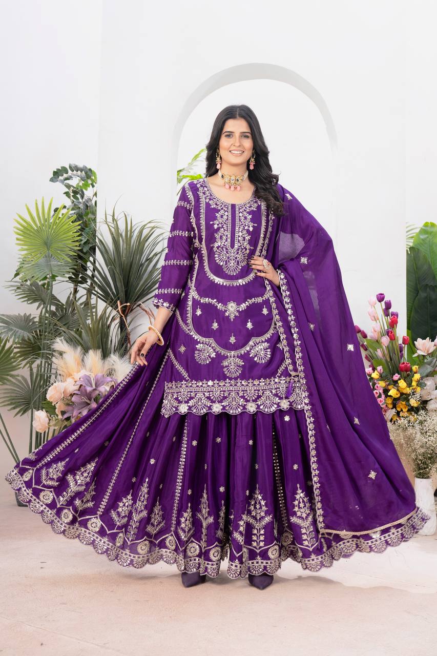 Wedding wear chinnon silk kurta and flared palazzo with dupatta sets