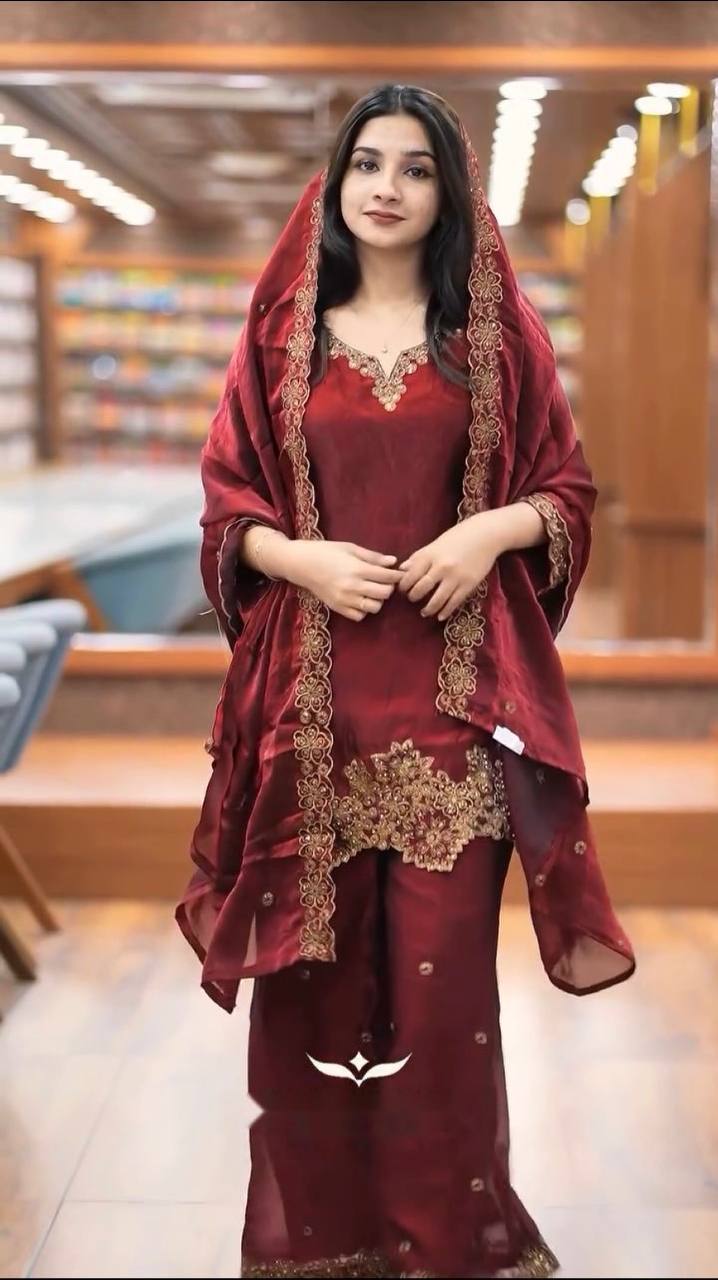 Latest designer silk hand embroidered short kurta palazzo with dupatta sets
