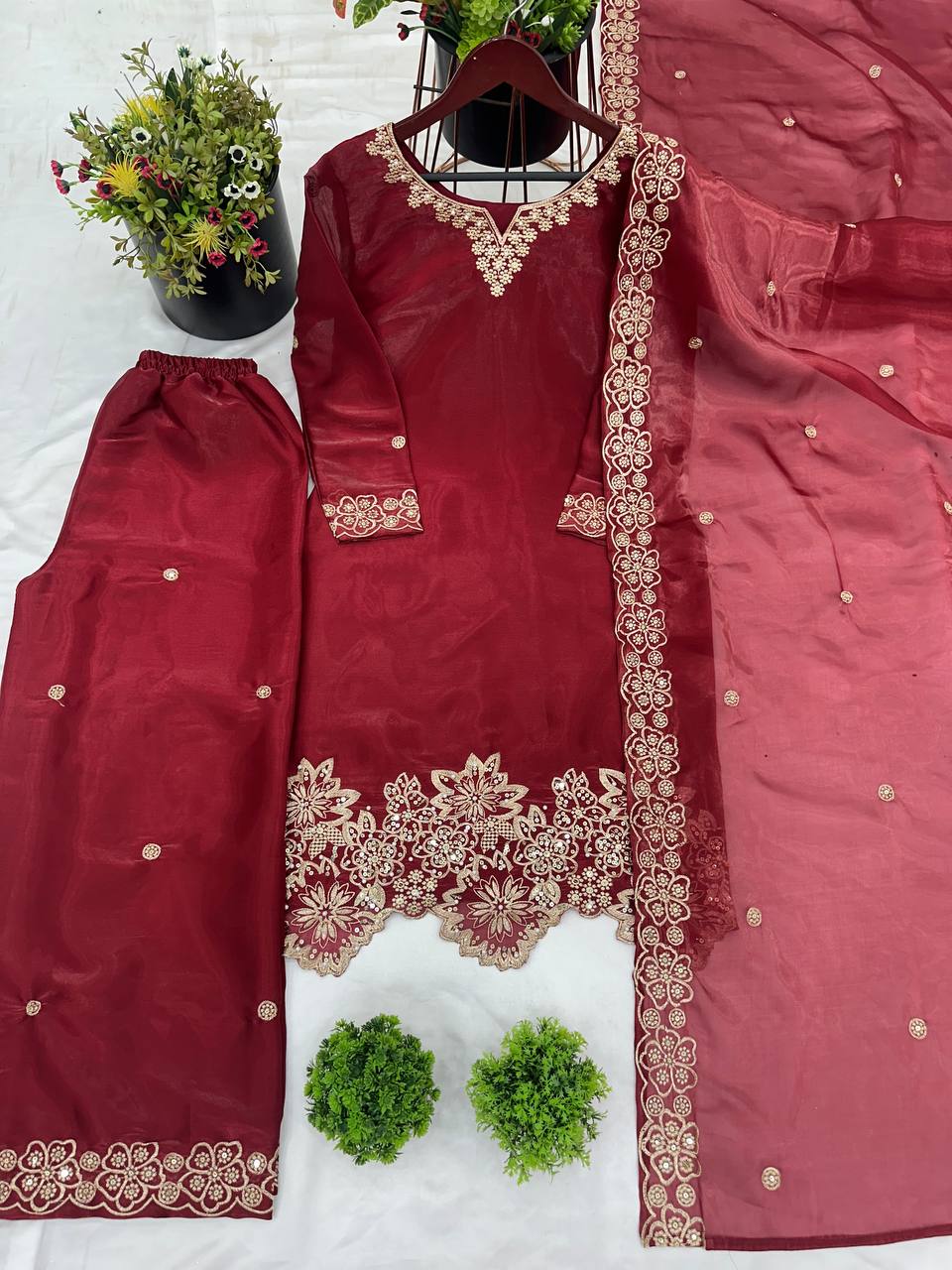 Latest designer silk hand embroidered short kurta palazzo with dupatta sets