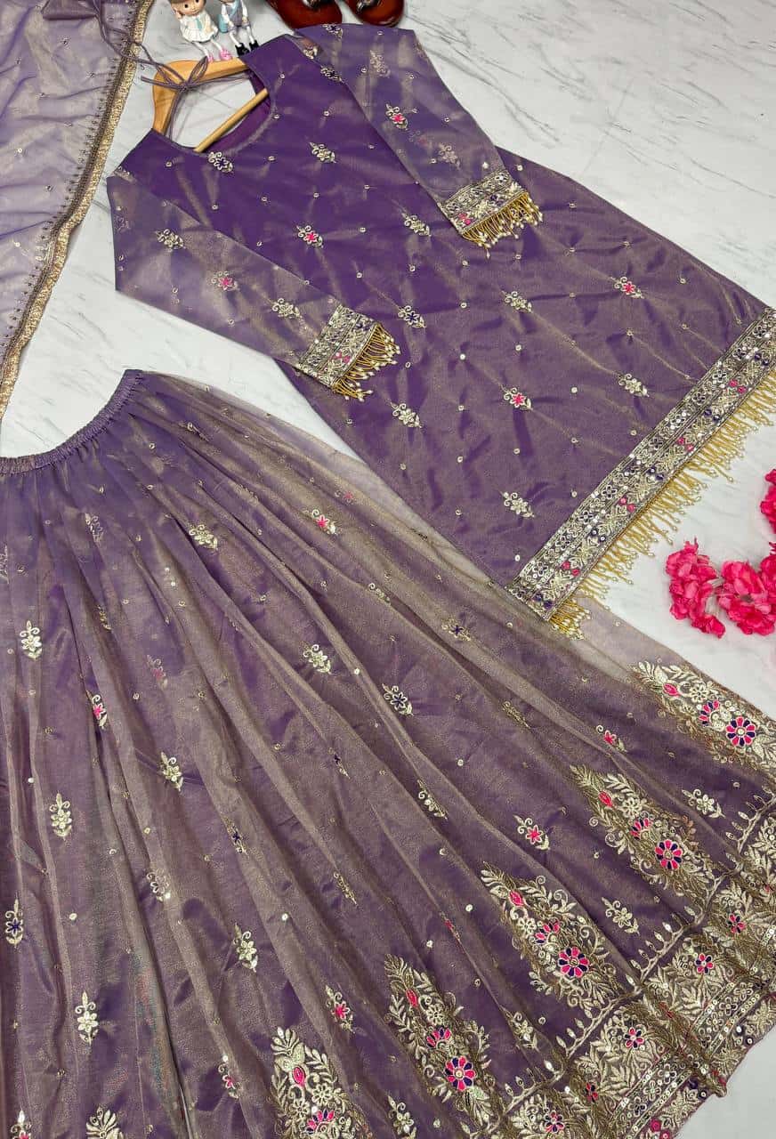 Pure Twill Gold Net with heavy sequin embroidery salwar kameez set