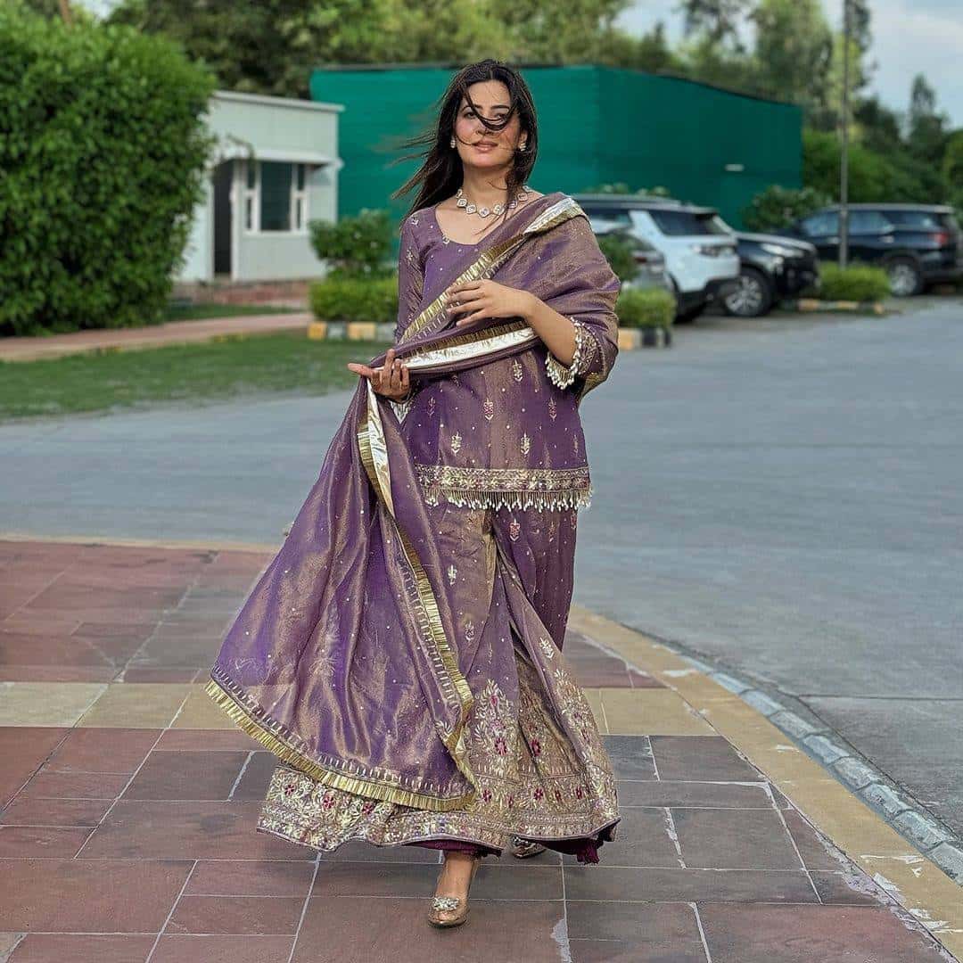 Pure Twill Gold Net with heavy sequin embroidery salwar kameez set