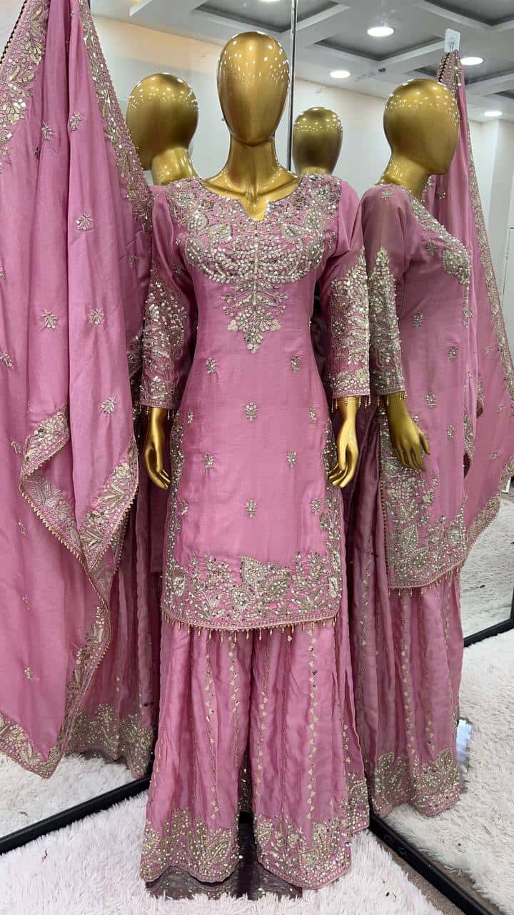 Chinnon silk kurta sharara with dupatta sets