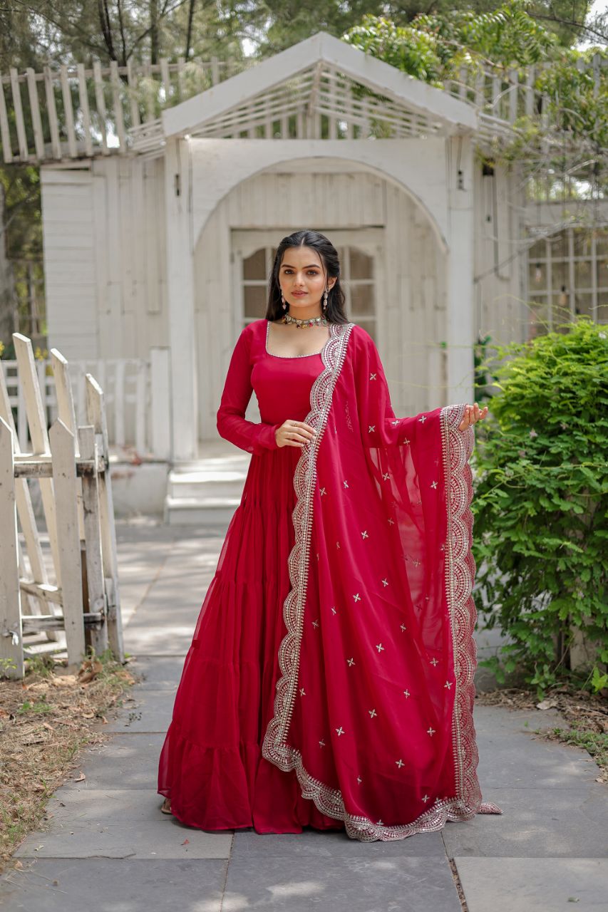 Women's gown Made With Faux Blooming Fabrics and Designer Embroidered Dupatta