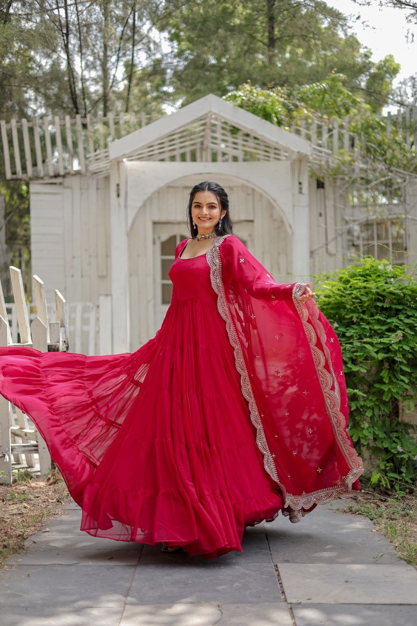 Women's gown Made With Faux Blooming Fabrics and Designer Embroidered Dupatta