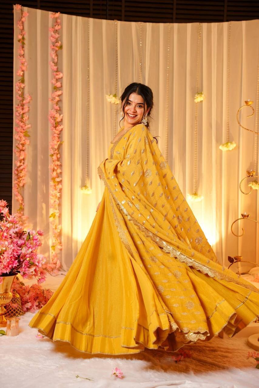 Chinnon silk fabric haldi function wear dress for women,Heavy Gown pant with dupatta sets