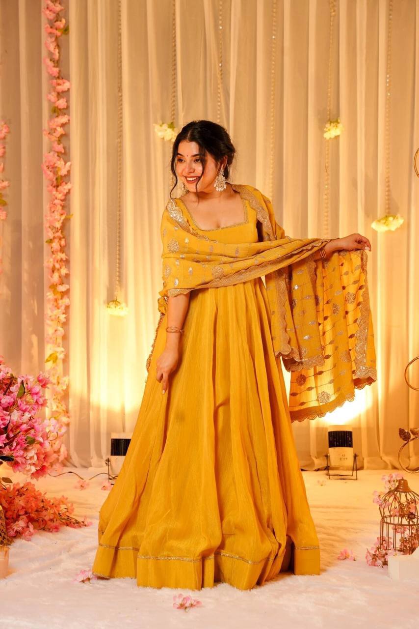 Chinnon silk fabric haldi function wear dress for women,Heavy Gown pant with dupatta sets