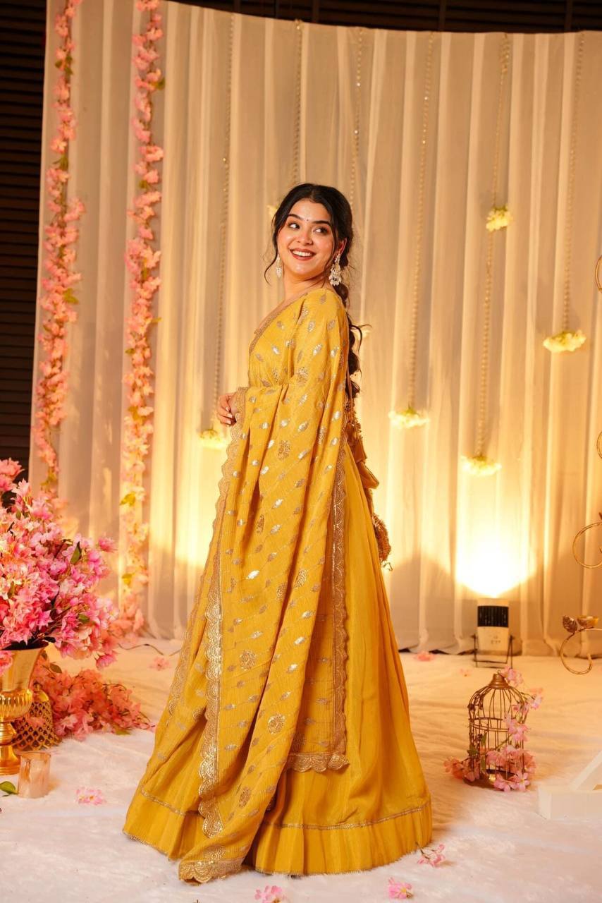 Chinnon silk fabric haldi function wear dress for women,Heavy Gown pant with dupatta sets