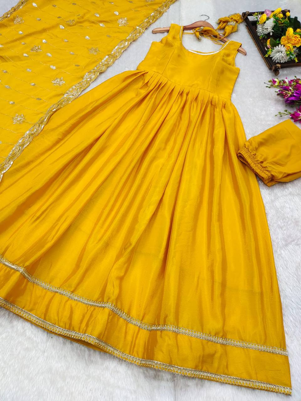 Chinnon silk fabric haldi function wear dress for women,Heavy Gown pant with dupatta sets