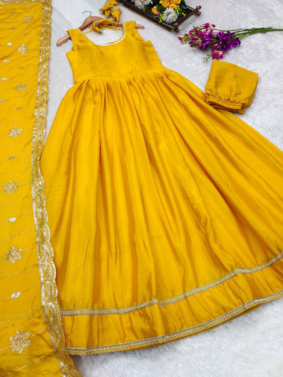 Chinnon silk fabric haldi function wear dress for women,Heavy Gown pant with dupatta sets