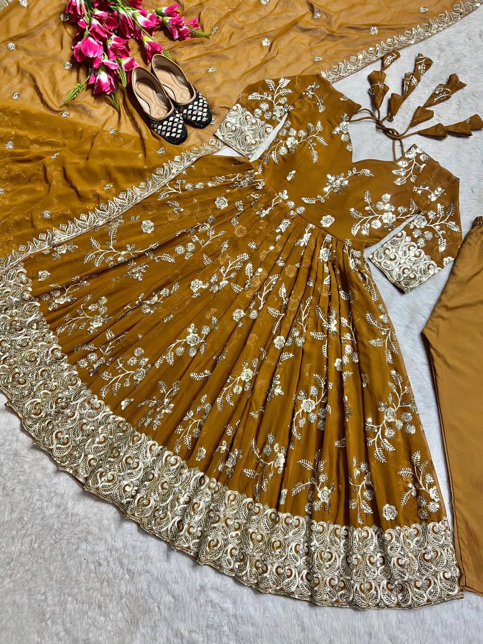 Designer sequence and embroidered work anarkali kurta pant with dupatta sets