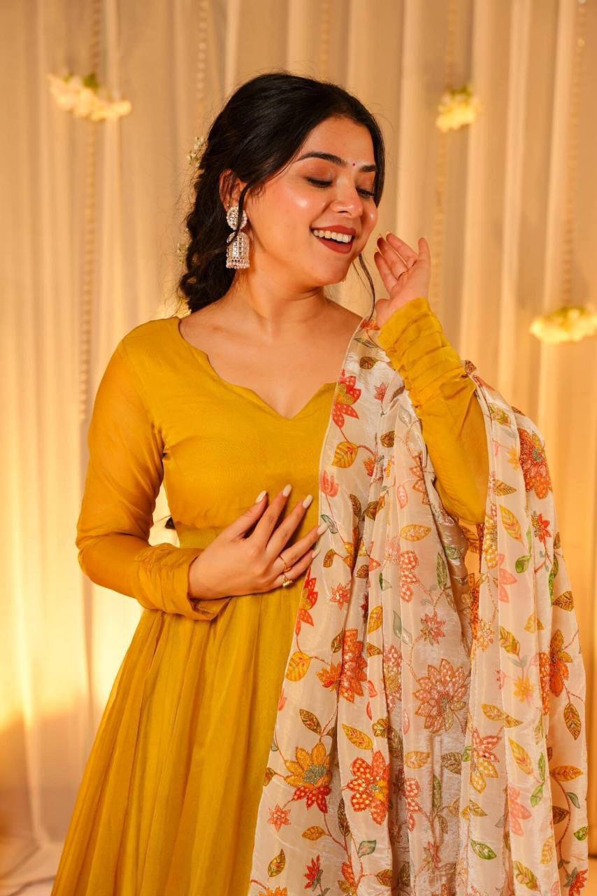 Soft organza fabric gown pant with dupatta sets,Haldi function wear dress