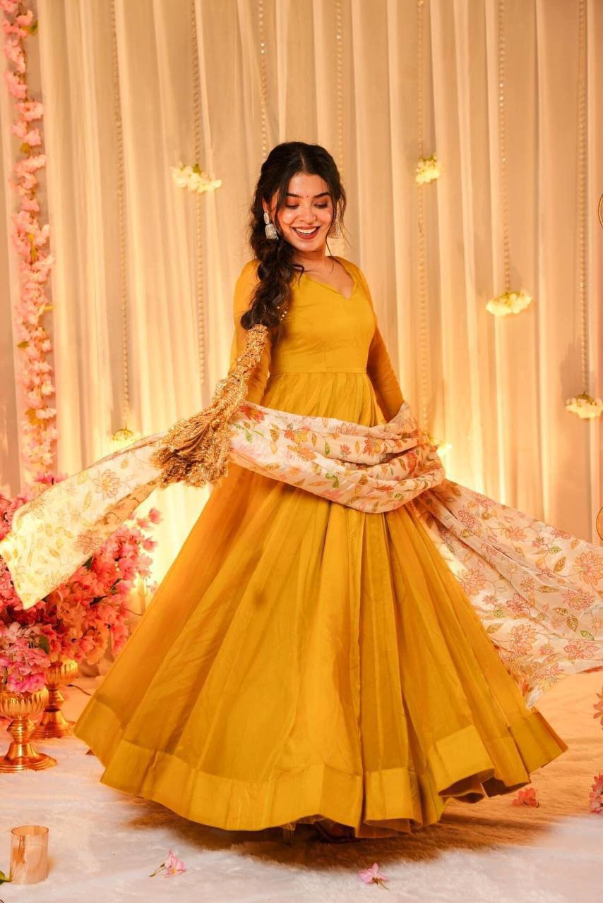 Soft organza fabric gown pant with dupatta sets,Haldi function wear dress