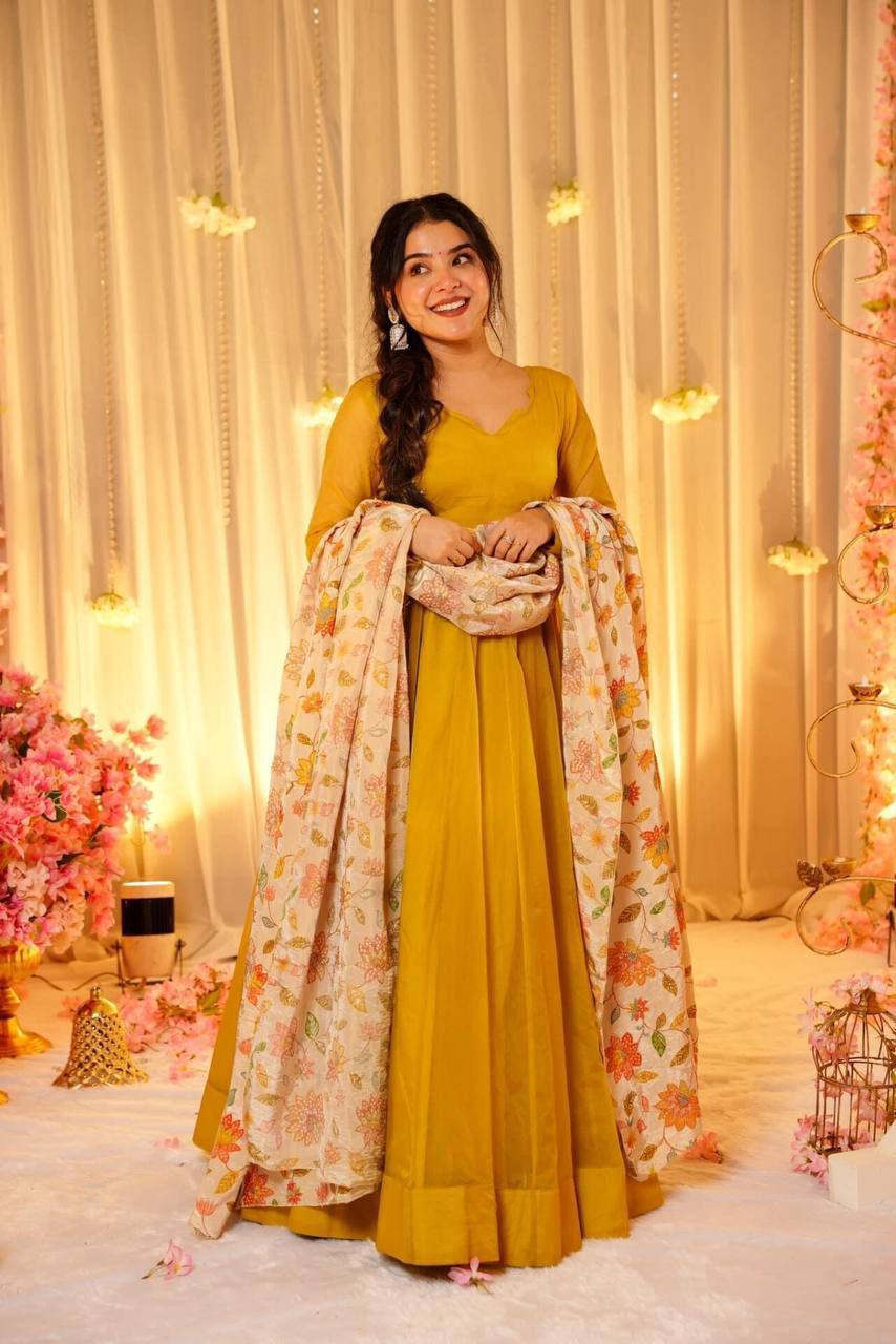 Soft organza fabric gown pant with dupatta sets,Haldi function wear dress