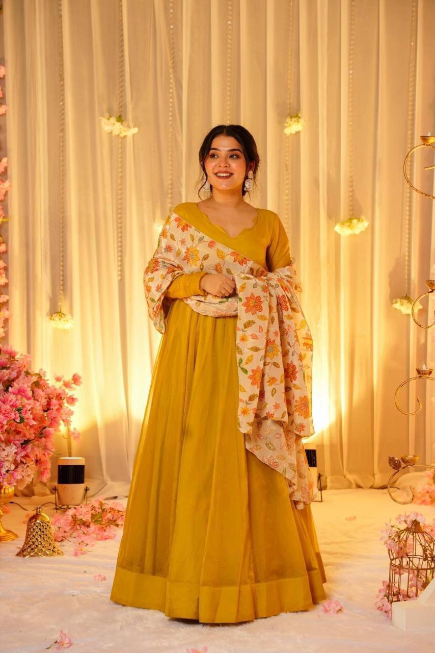 Soft organza fabric gown pant with dupatta sets,Haldi function wear dress