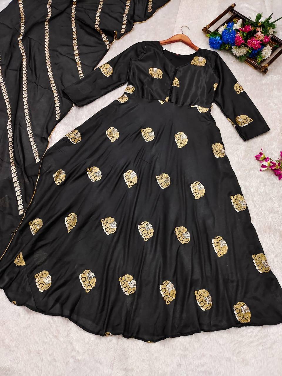 Black elephant golden print silk gown with dupatta sets