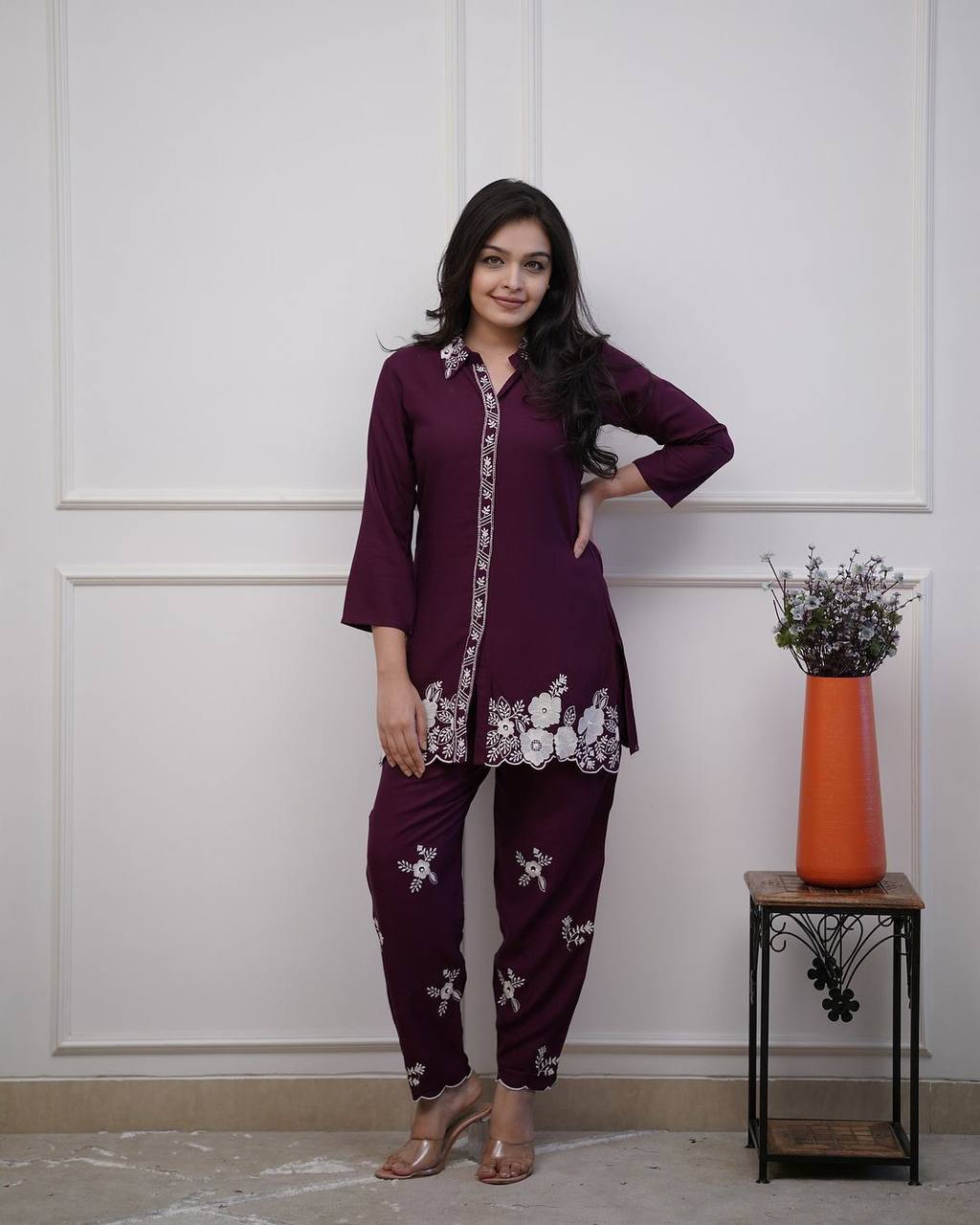 Rayon hand embroidered co-ord set for women and girls