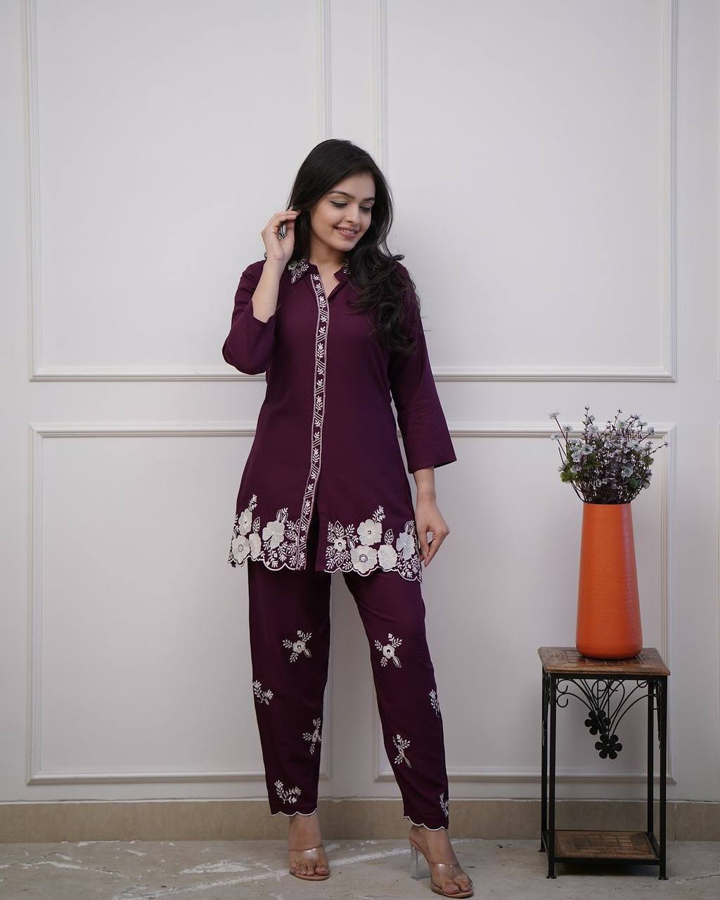 Rayon hand embroidered co-ord set for women and girls