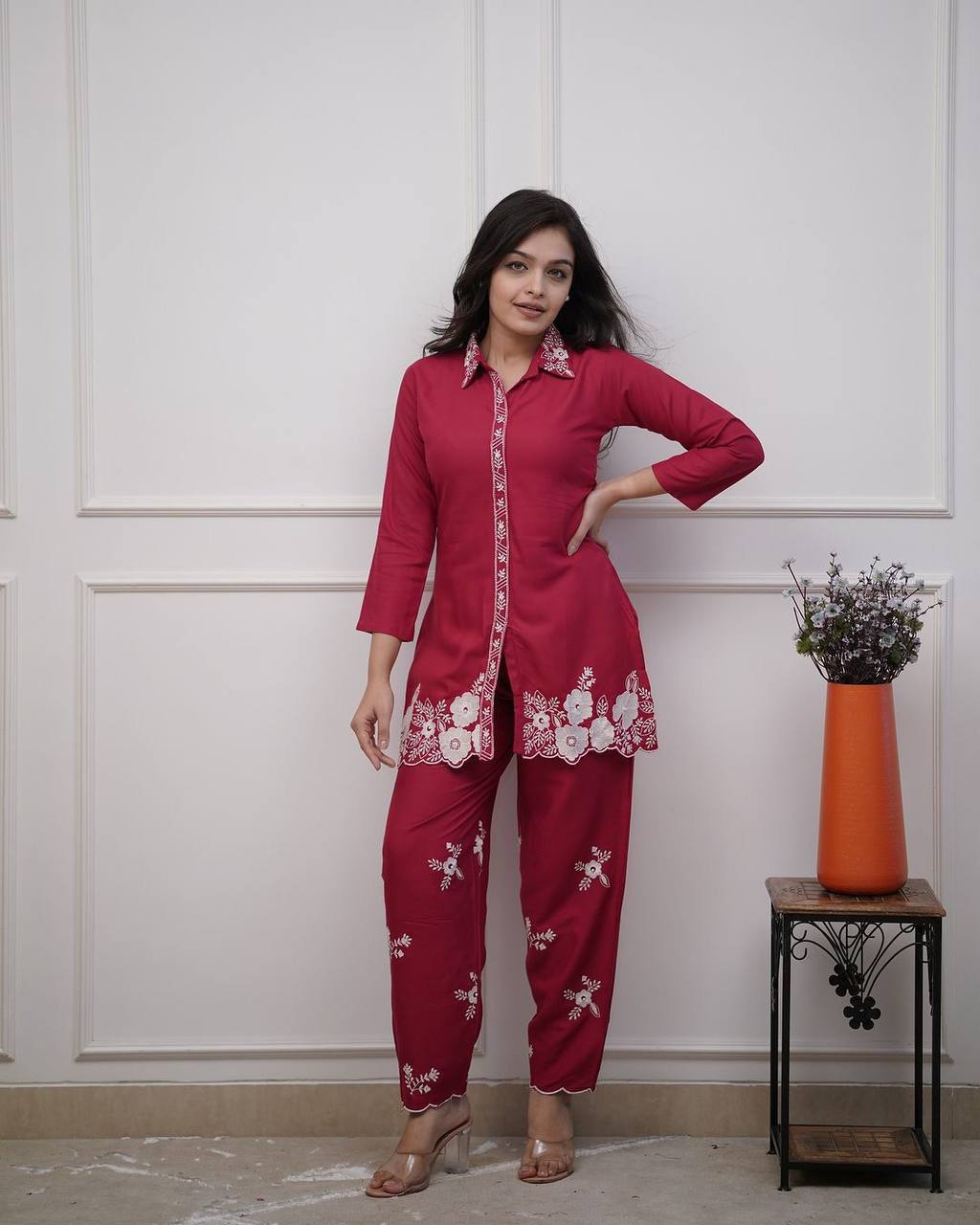 Rayon hand embroidered co-ord set for women and girls