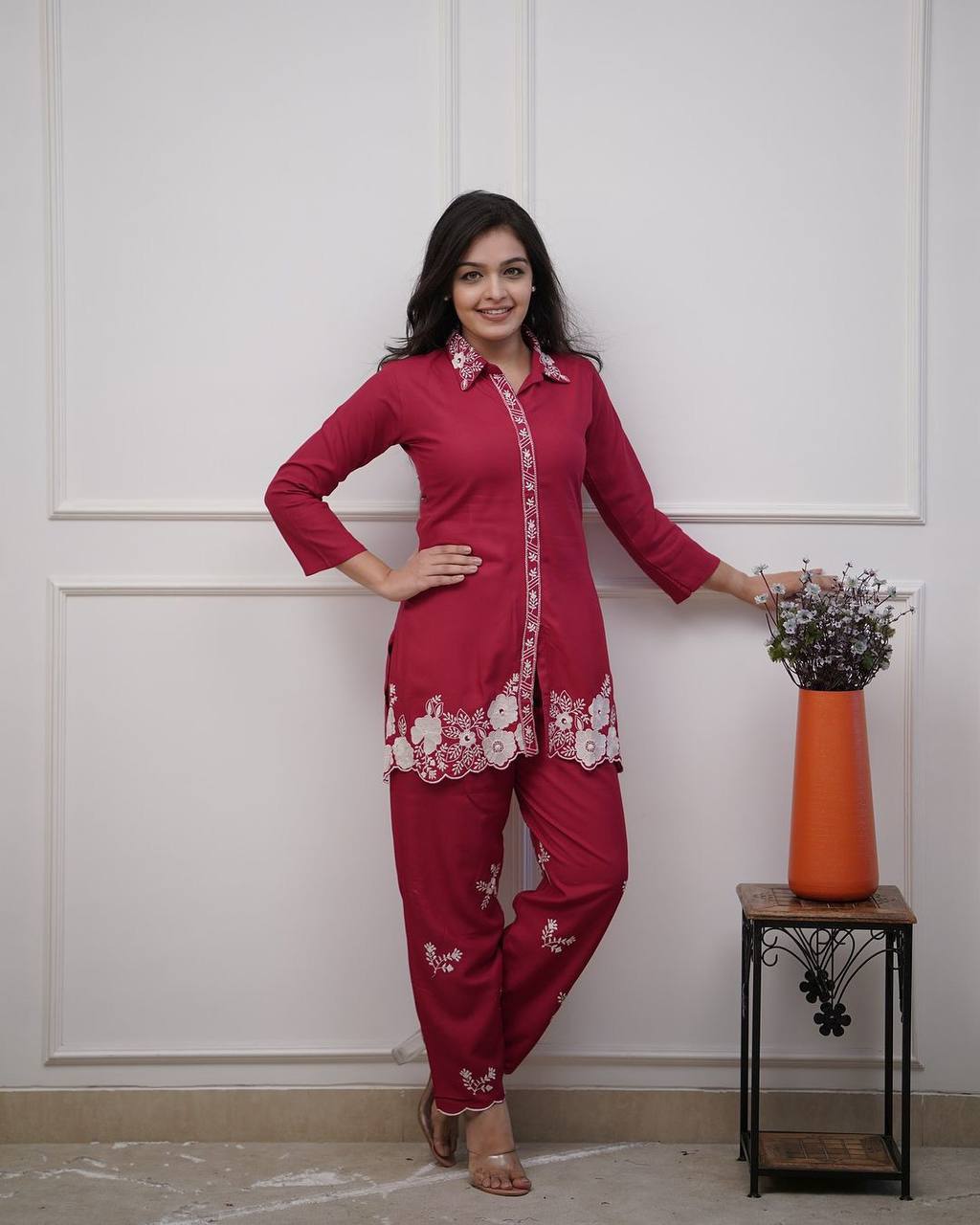 Rayon hand embroidered co-ord set for women and girls