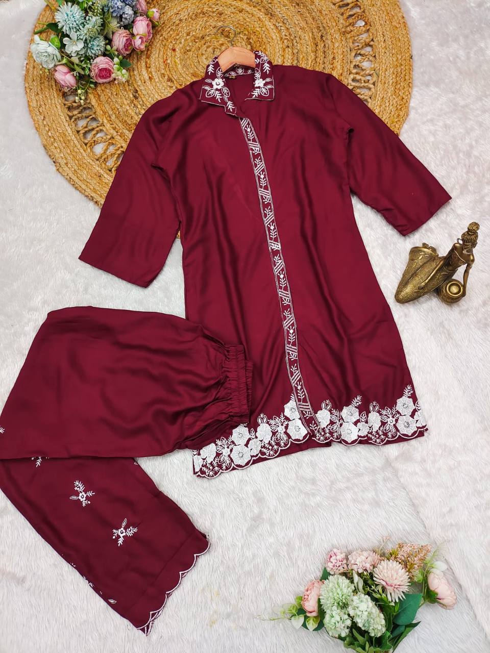 Rayon hand embroidered co-ord set for women and girls