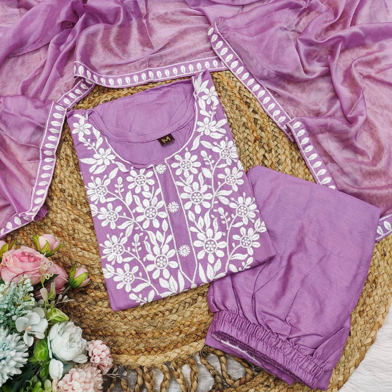 Hand embroidered rayon kurta pant with dupatta sets