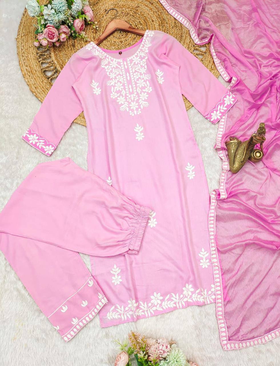 Hand embroidered rayon kurta pant with dupatta sets