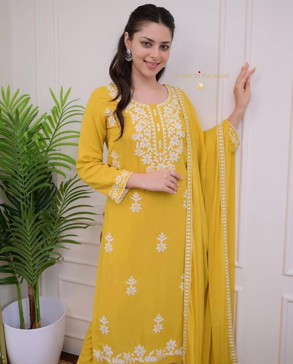 Hand embroidered rayon kurta pant with dupatta sets