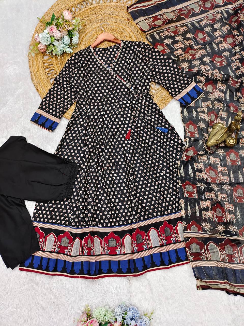 Block print pure cotton anarkali kurta pant with dupatta sets