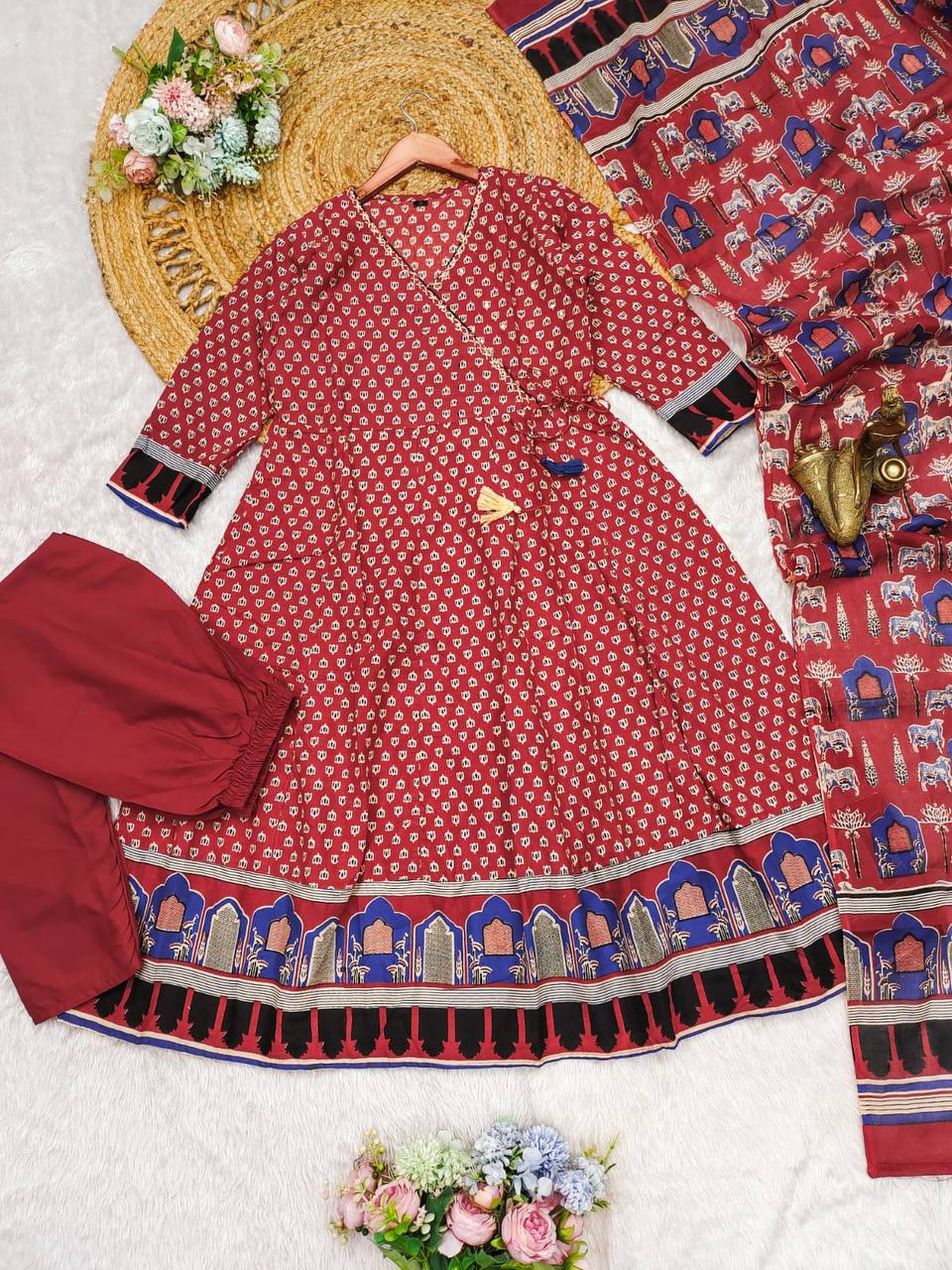 Block print pure cotton anarkali kurta pant with dupatta sets