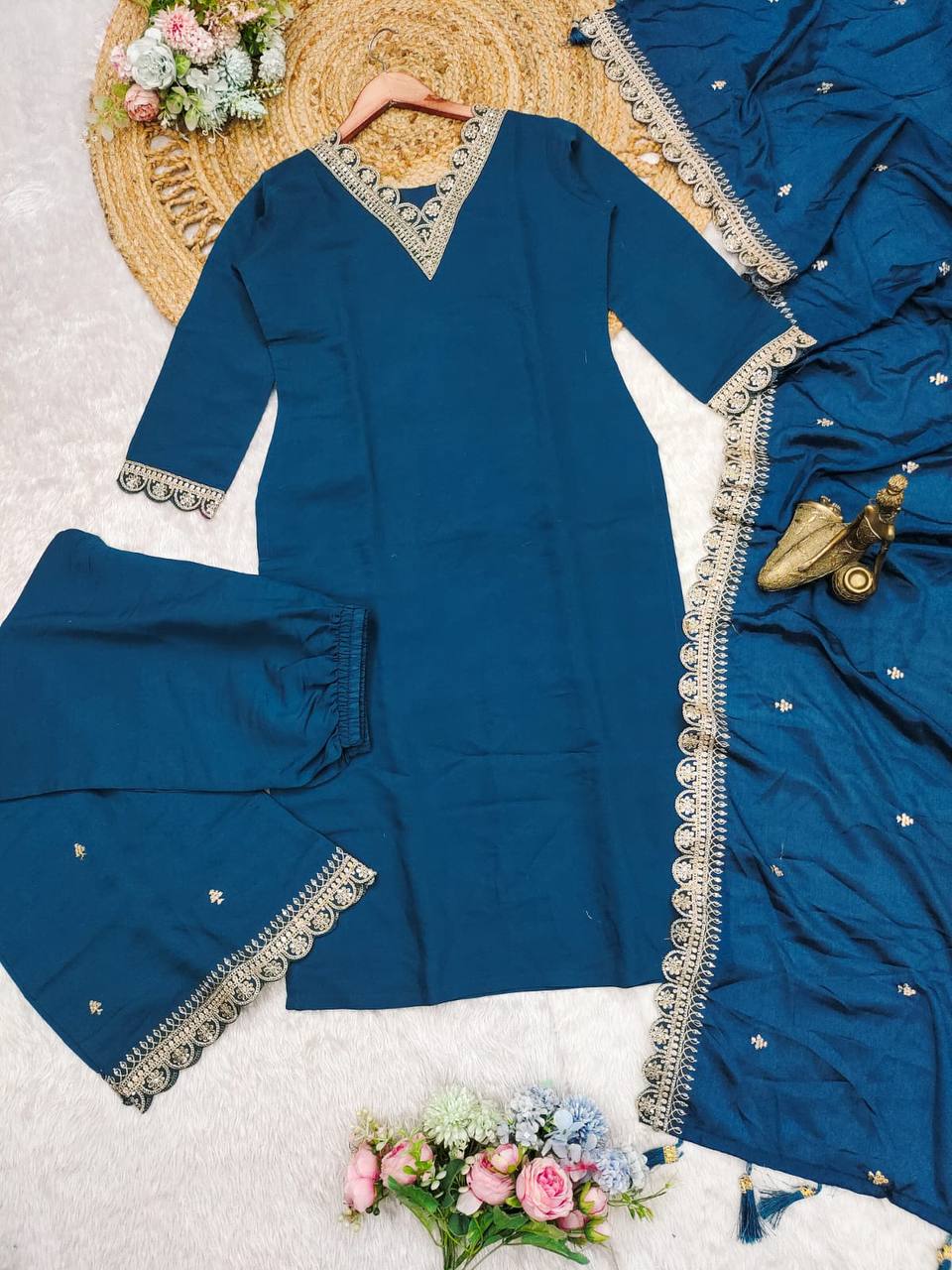 Beautiful work silk straight kurta pant with dupatta sets