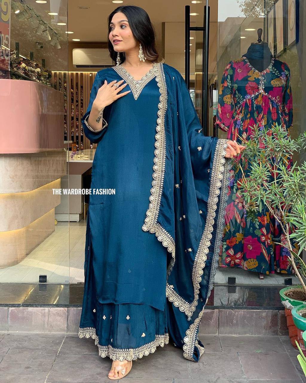 Beautiful work silk straight kurta pant with dupatta sets