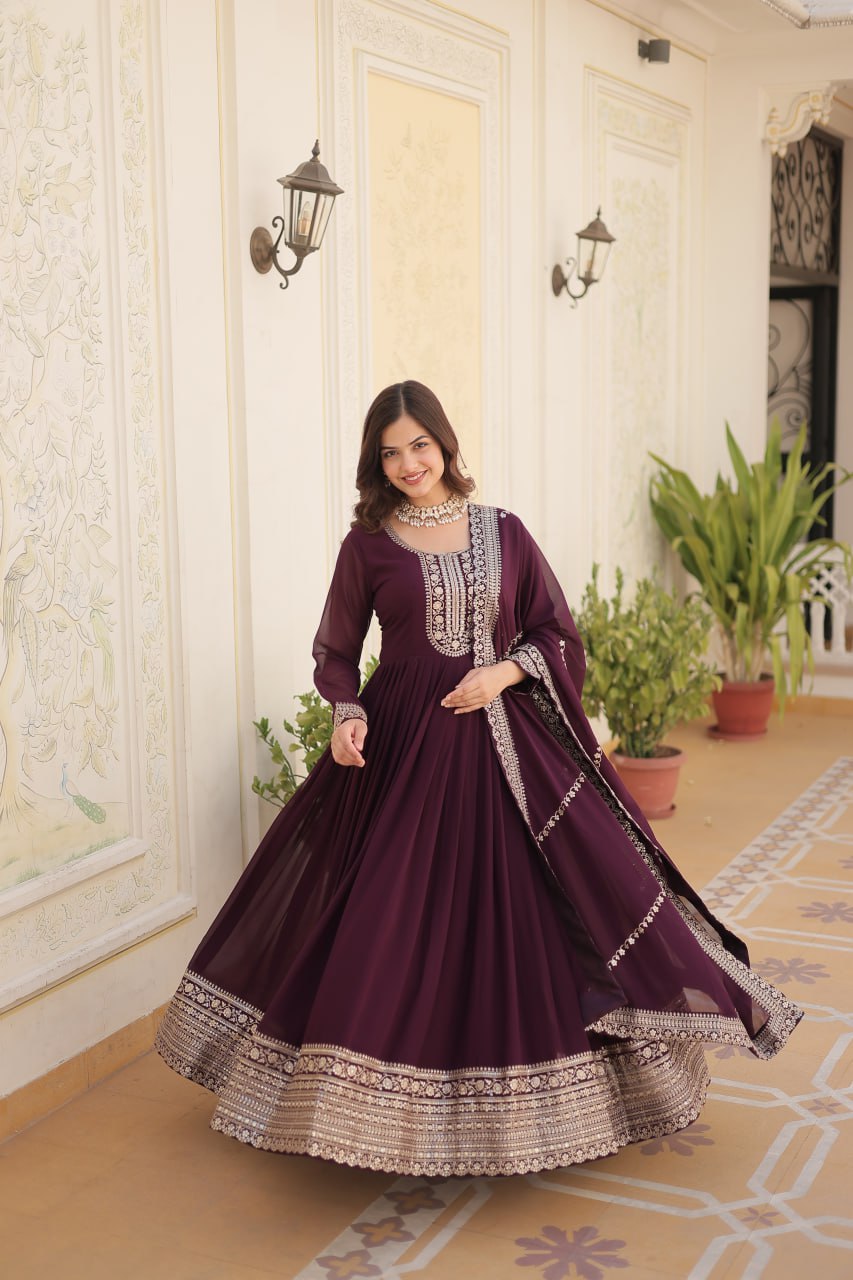 Faux Blooming Gown with Rich Sequins Embroidered work Gown with Dupatta