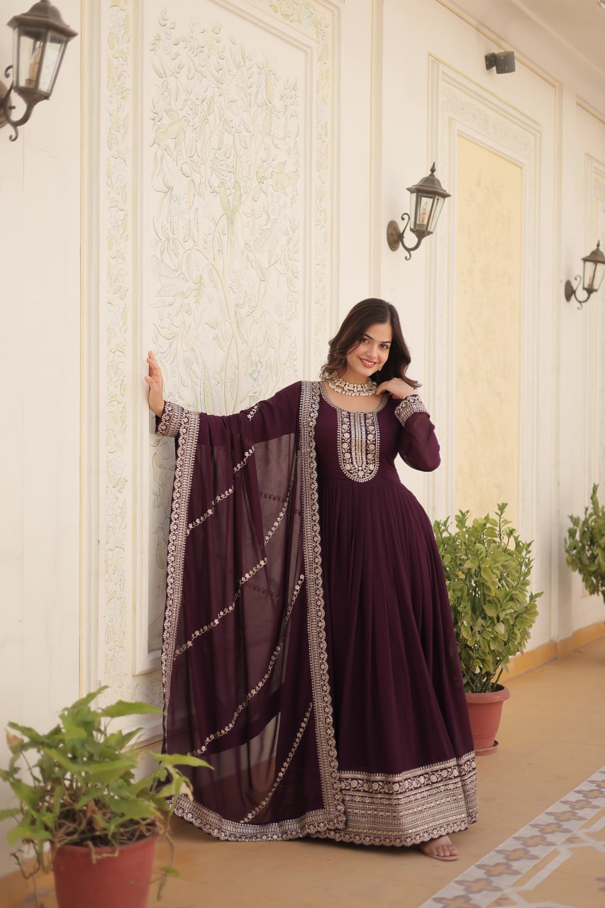 Faux Blooming Gown with Rich Sequins Embroidered work Gown with Dupatta