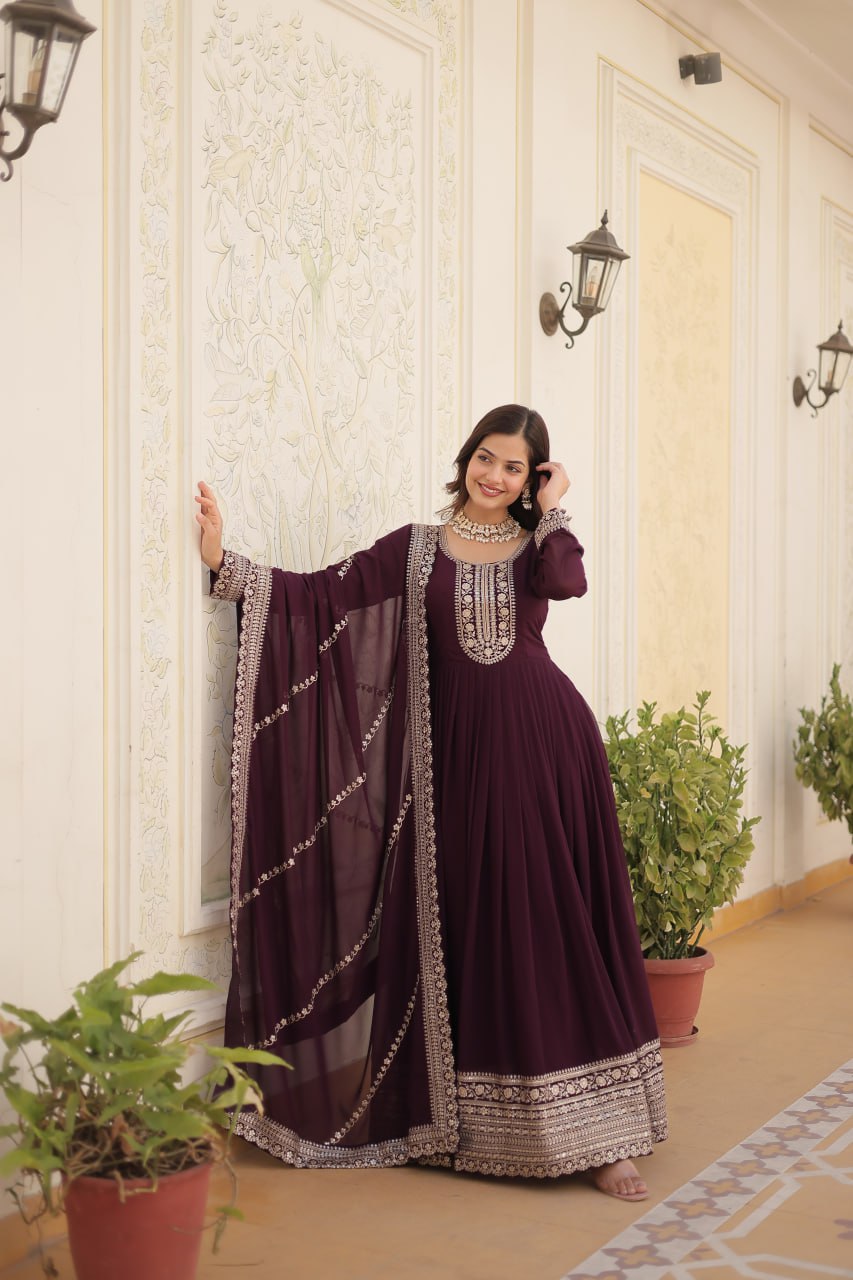 Faux Blooming Gown with Rich Sequins Embroidered work Gown with Dupatta