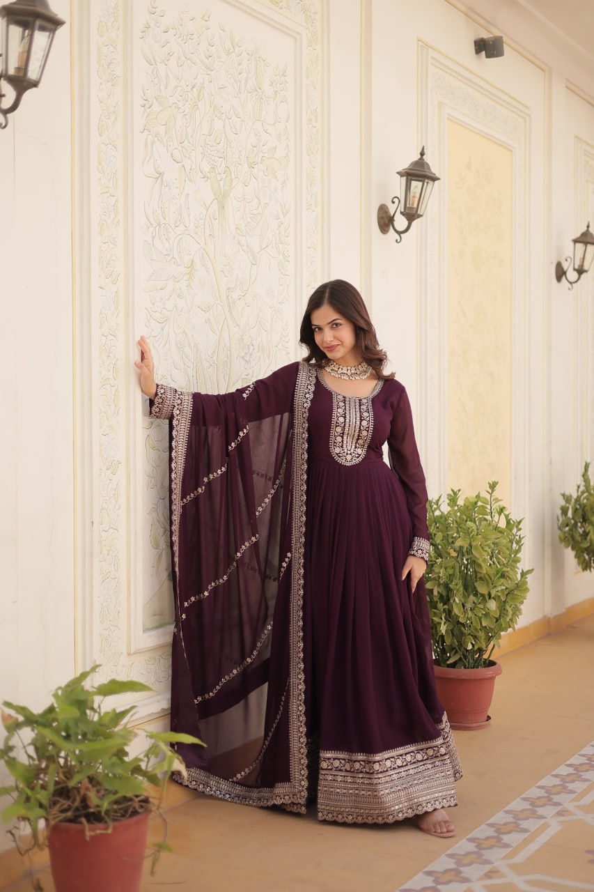 Faux Blooming Gown with Rich Sequins Embroidered work Gown with Dupatta