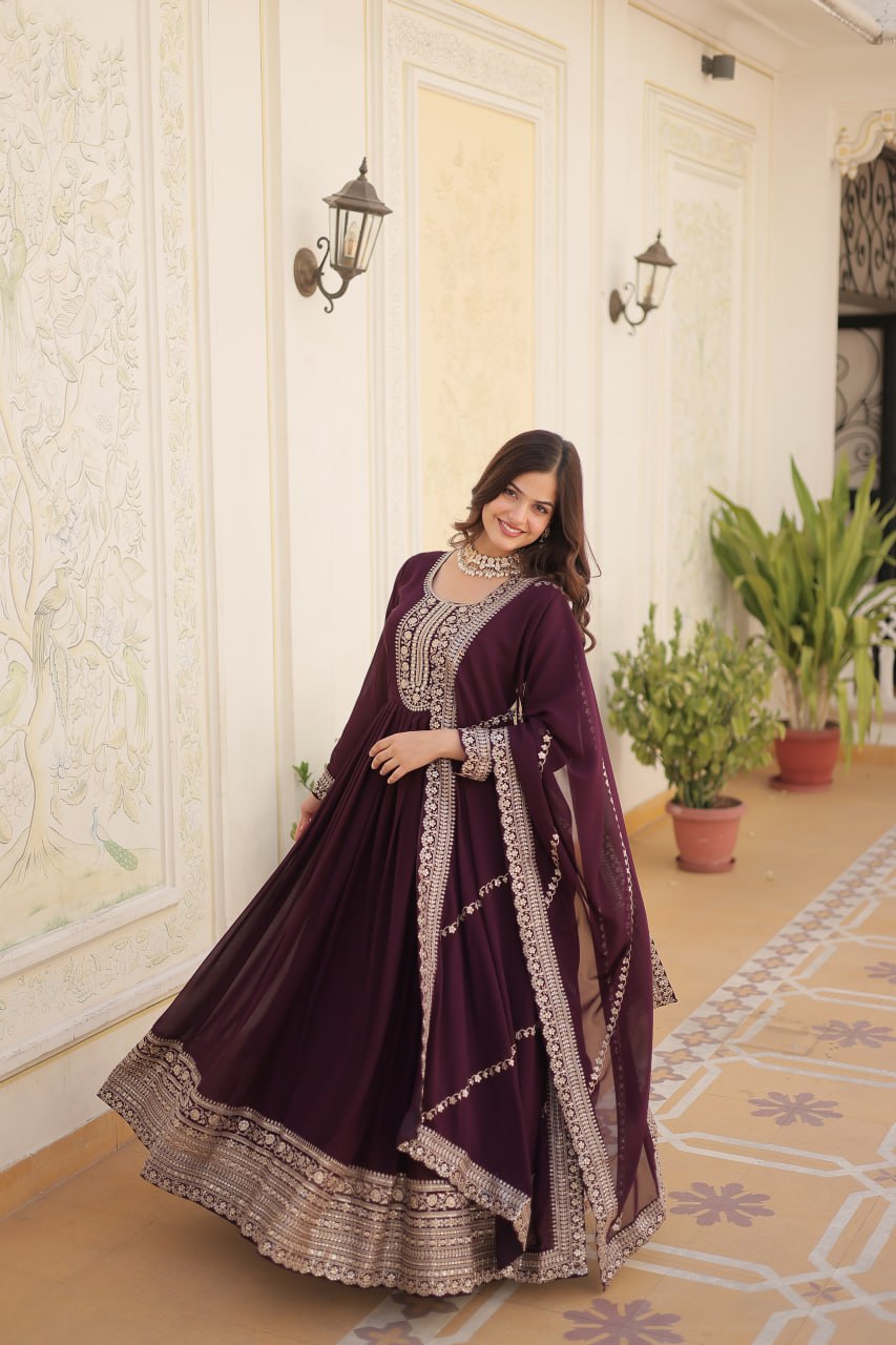 Faux Blooming Gown with Rich Sequins Embroidered work Gown with Dupatta