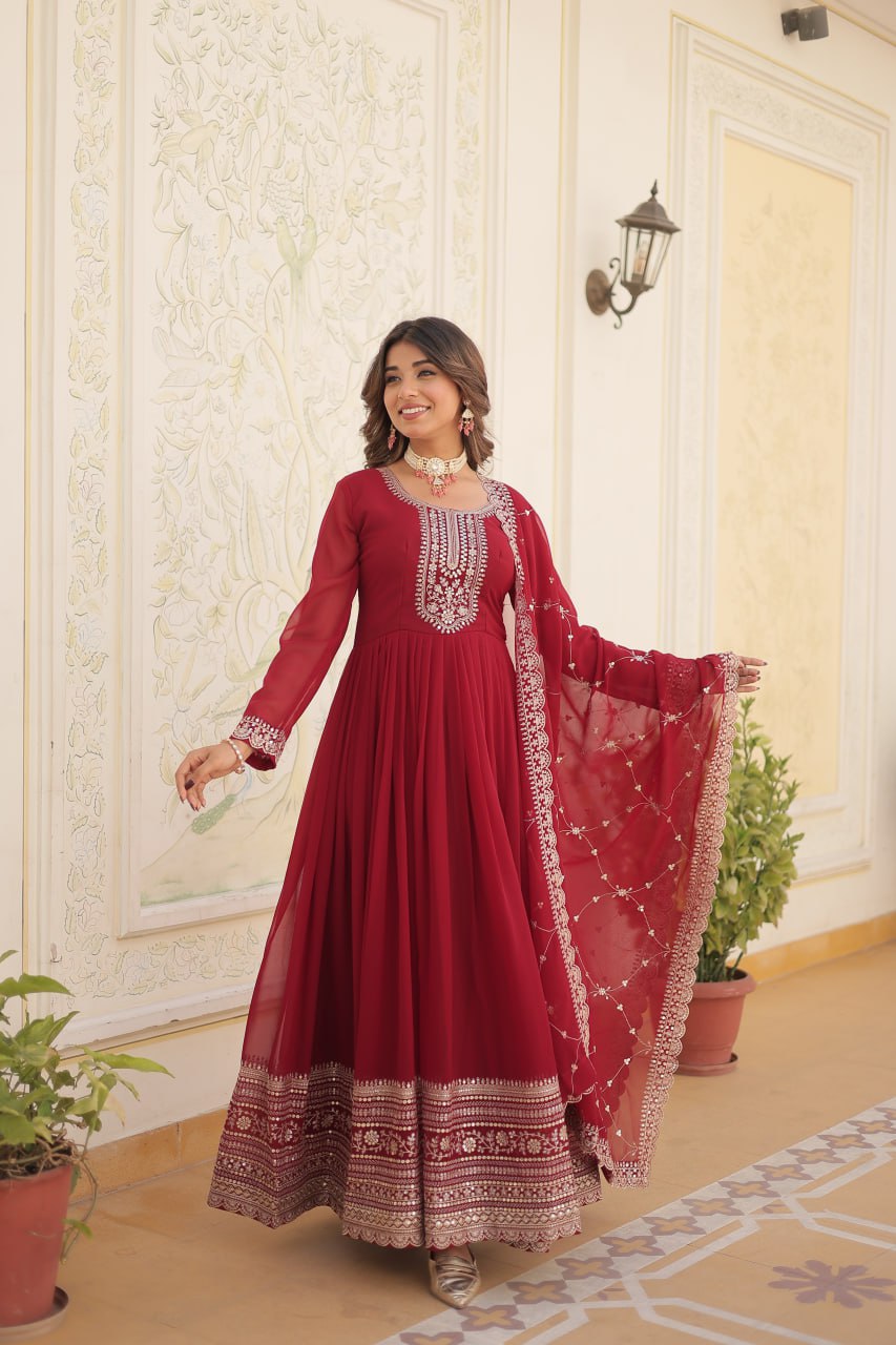 Faux Blooming Gown with Rich Sequins Embroidered work Gown with Dupatta