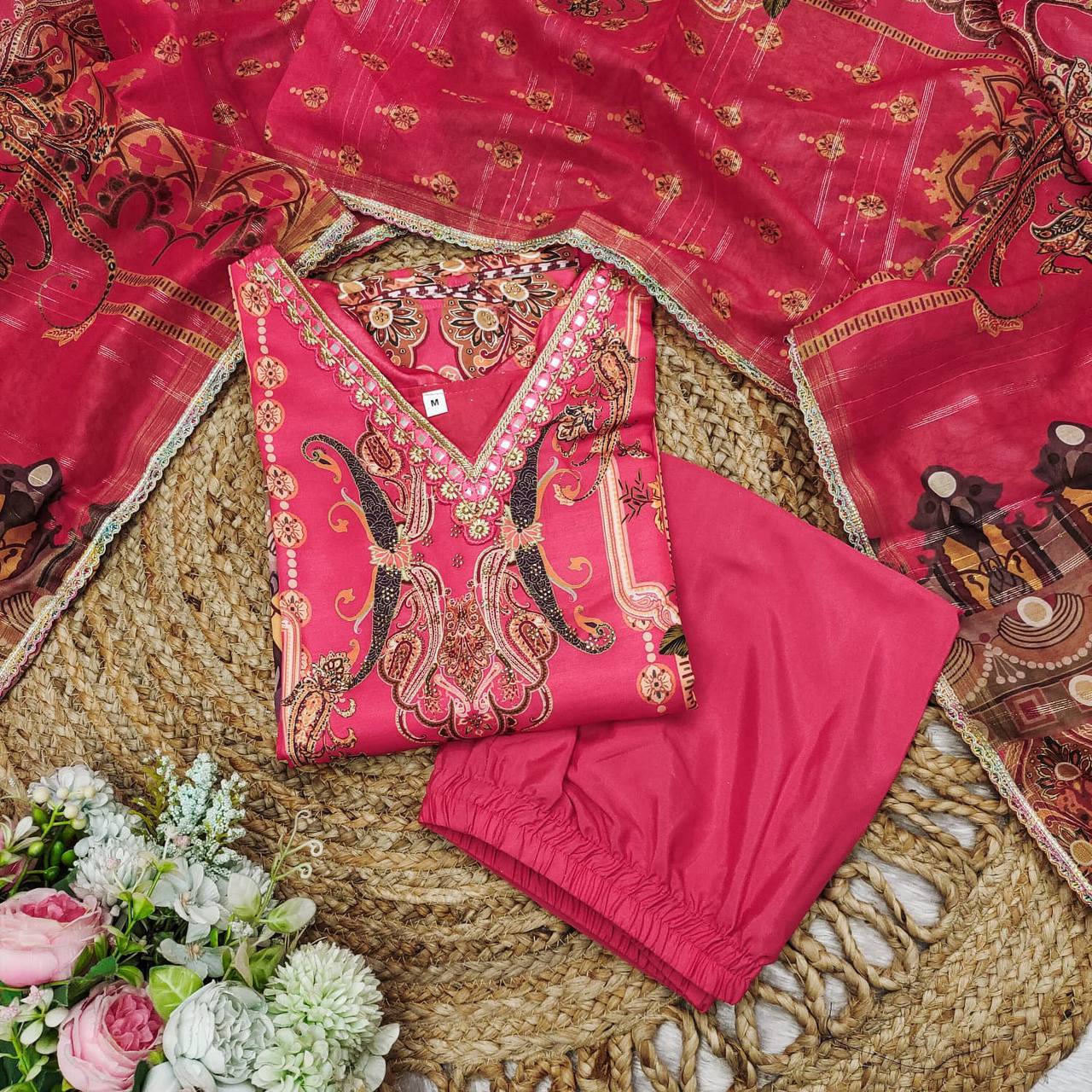 Satin silk stone work and printed kurta pant with dupatta set,Plus sizes is also available