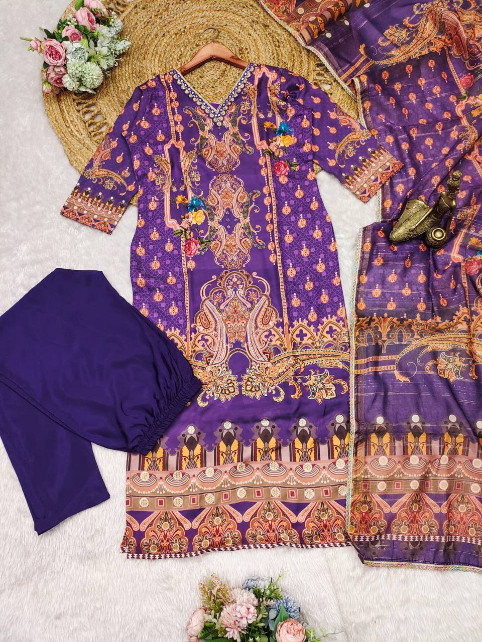 Satin silk stone work and printed kurta pant with dupatta set,Plus sizes is also available