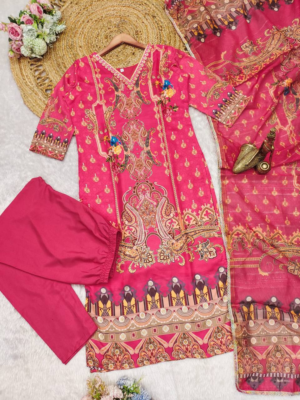 Satin silk stone work and printed kurta pant with dupatta set,Plus sizes is also available