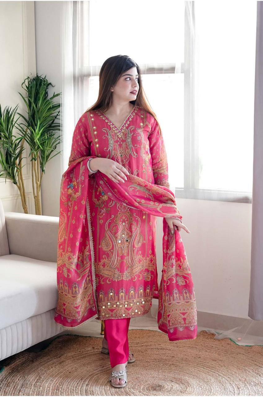 Satin silk stone work and printed kurta pant with dupatta set,Plus sizes is also available