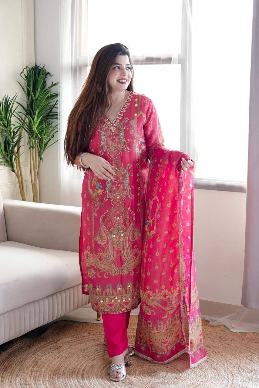 Satin silk stone work and printed kurta pant with dupatta set,Plus sizes is also available