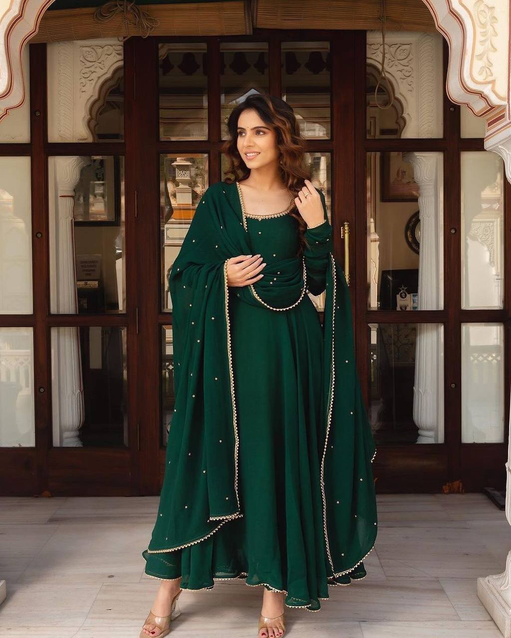 soft and lightweight full flared georgette gown with dupatta sets