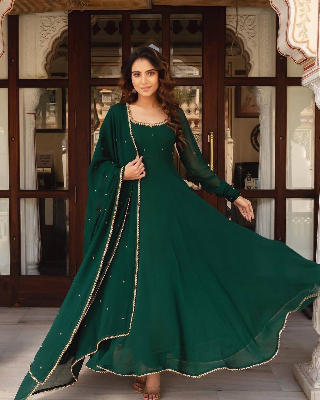 soft and lightweight full flared georgette gown with dupatta sets