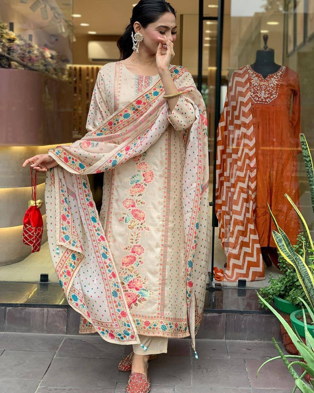 Women's designer printed and embroidered satin silk straight kurta pant with dupatta sets